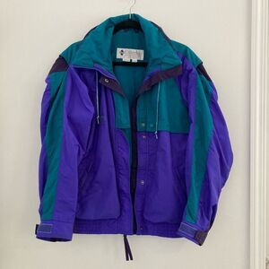 Vintage Columbia Sportswear Radial Sleeve Green and Purple Jacket Shell, Size Me